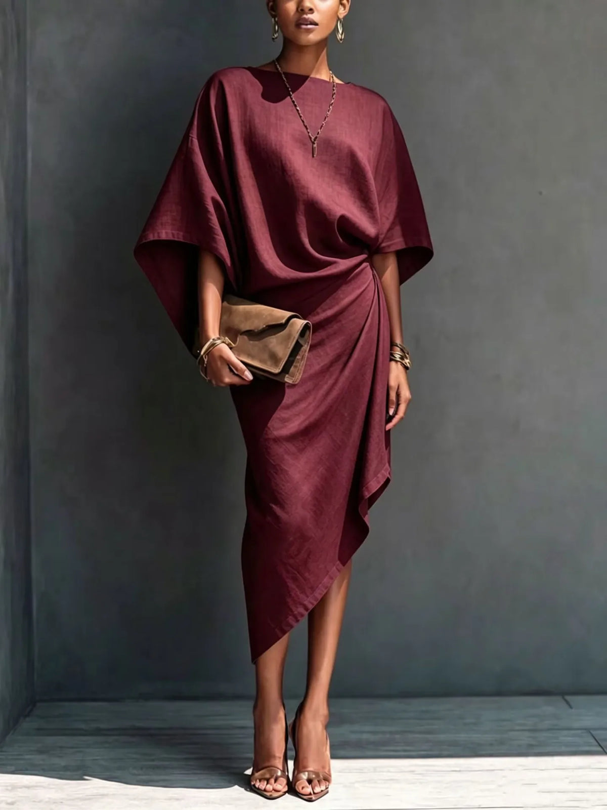 Asymmetric midi dress in burgundy