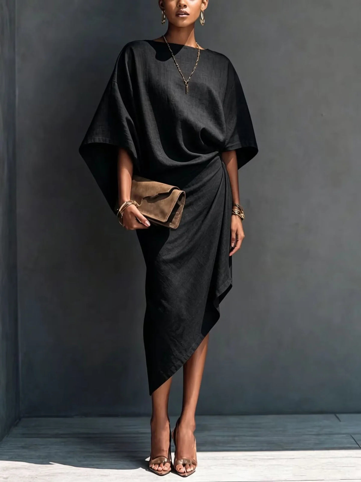 Asymmetric midi dress in black
