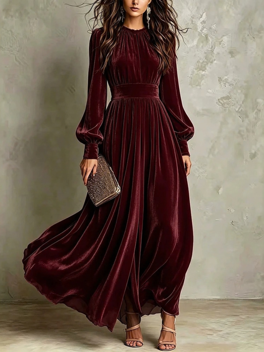 Magdalena long sleeve holiday maxi dress in burgundy, front view