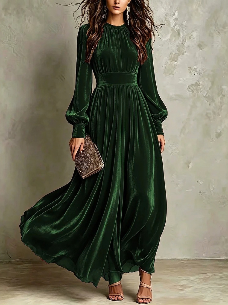 Long sleeve holiday maxi dress in dark green