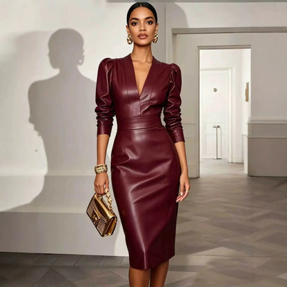 Puff sleeve midi cocktail dress in burgundy