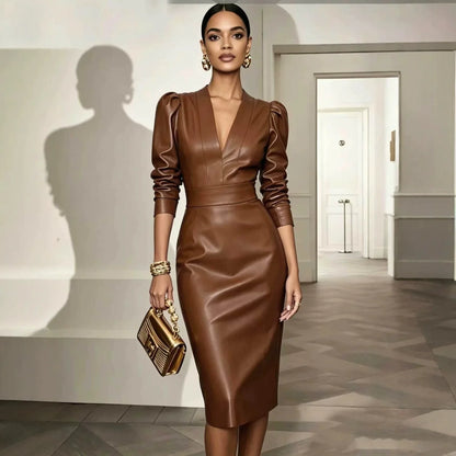 Puff sleeve midi cocktail dress in brown