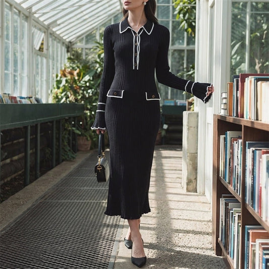 Meredith knit polo dress in black, front view