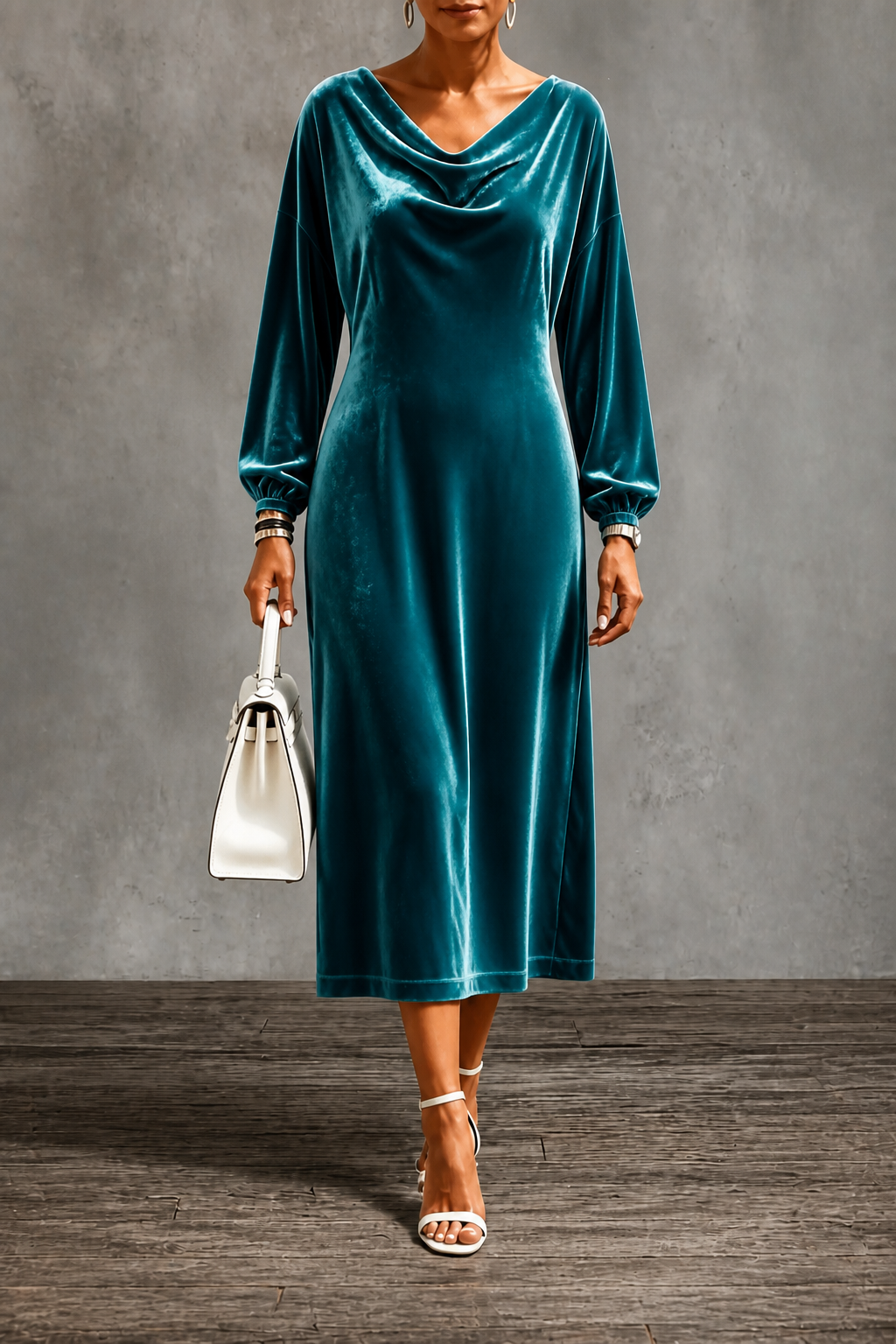 Holiday party midi dress in peacock green