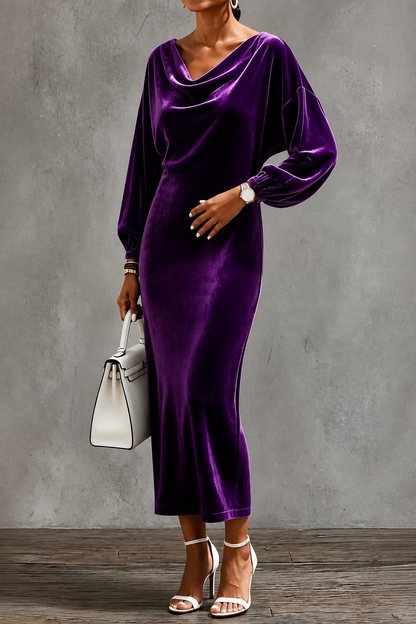 Holiday party midi dress in purple