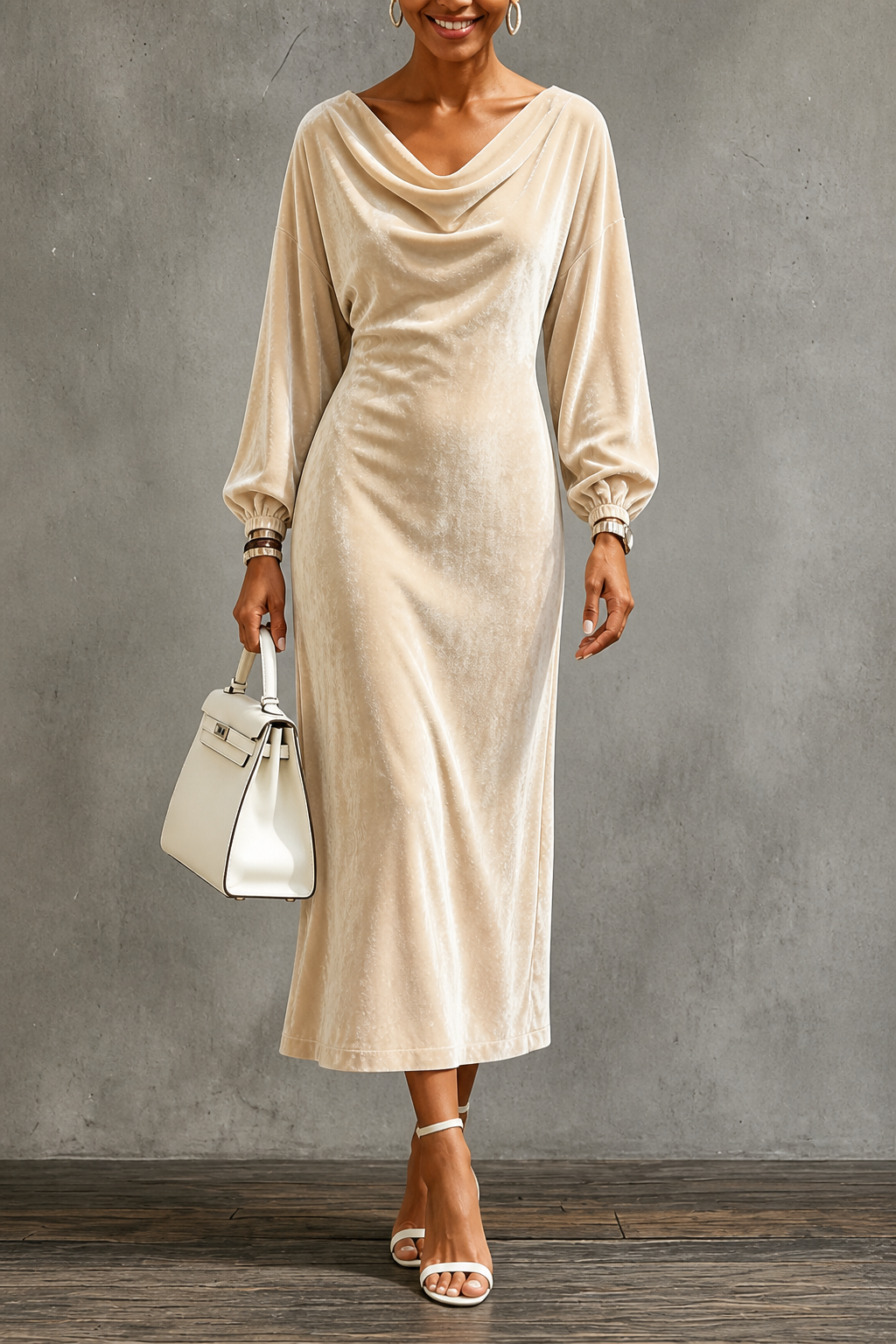 Holiday party midi dress in apricot