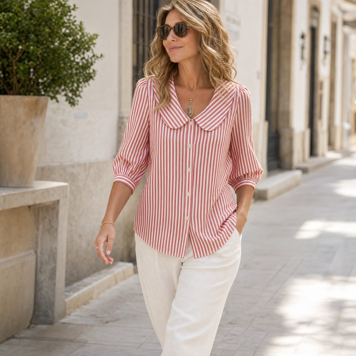 Striped puff sleeve blouse, view 4