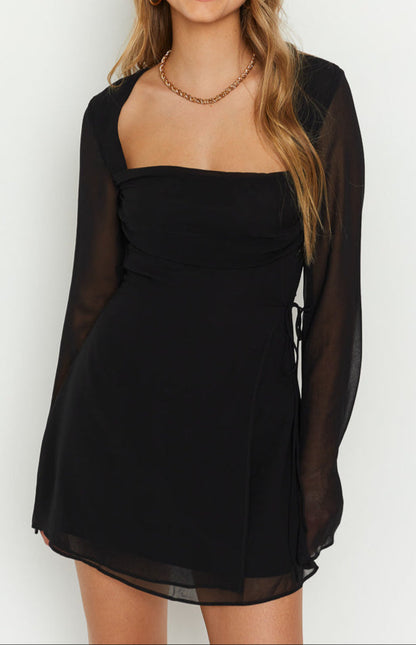 Long sleeve black mini dress, view 2