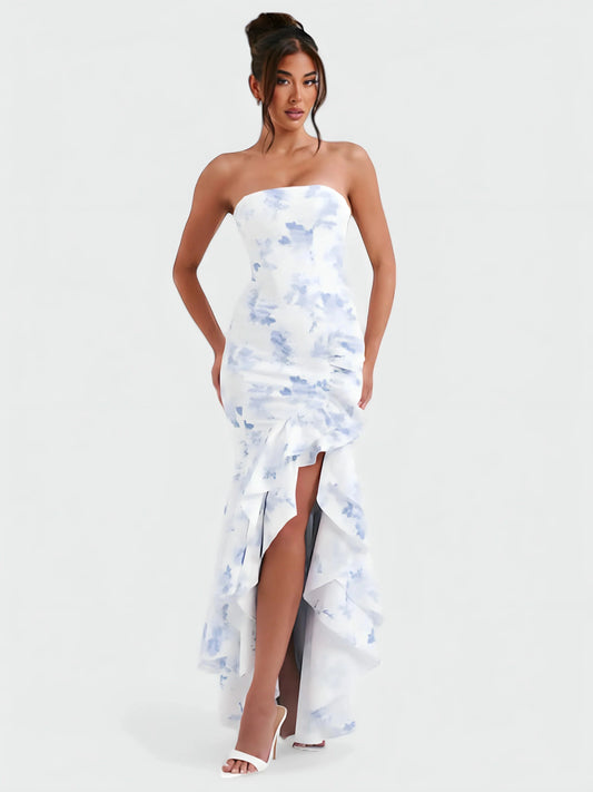 Nicolette strapless ruffle maxi dress, front view