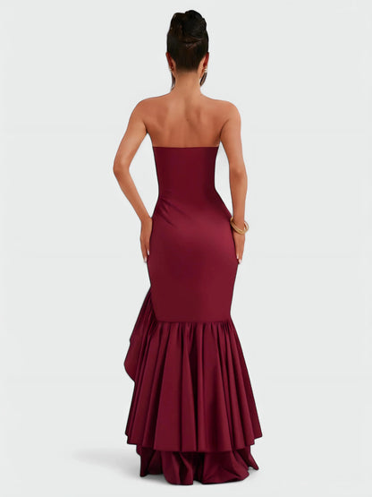 Strapless ruffle maxi dress, angled back view