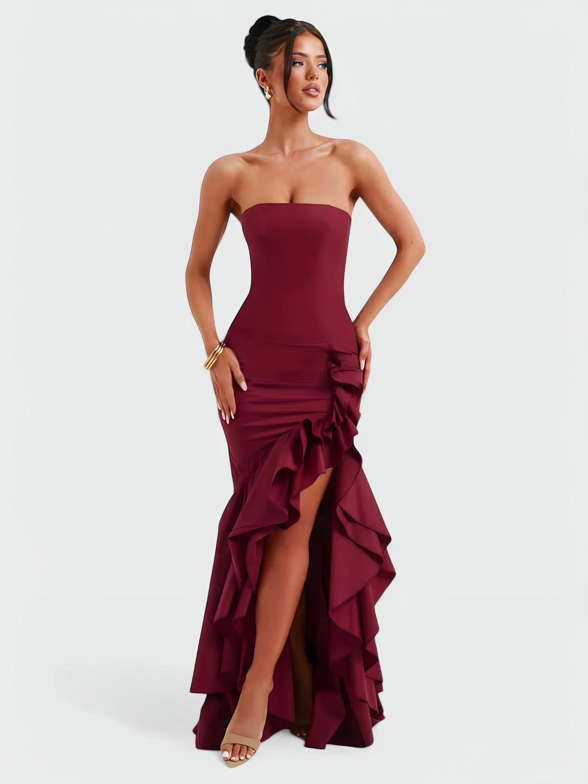Strapless ruffle maxi dress, fabric texture close-up