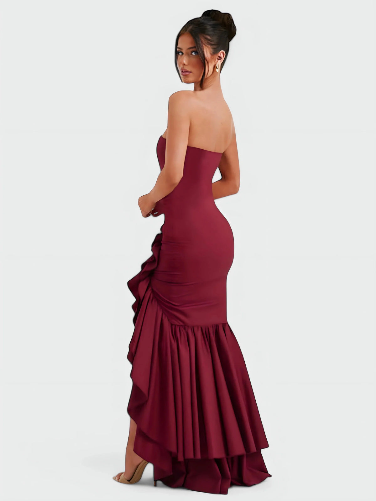 Strapless ruffle maxi dress, close-up of the hem
