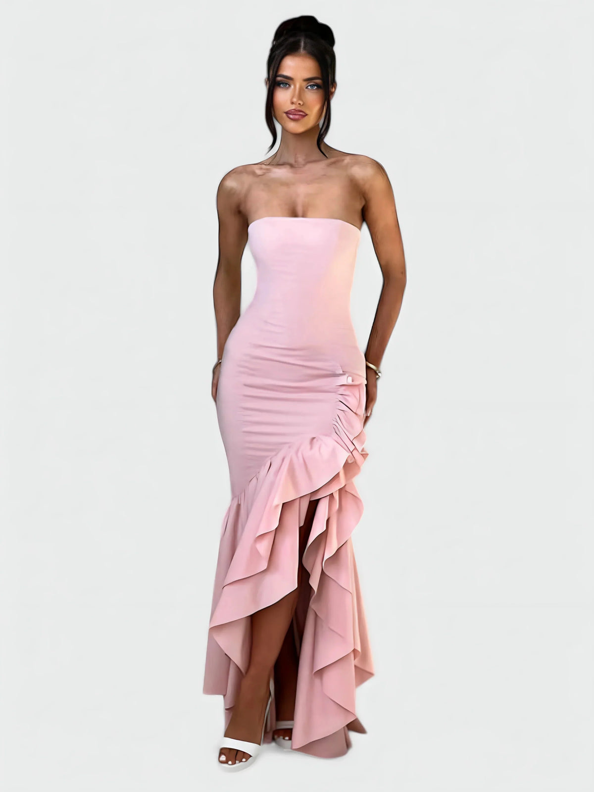 Strapless ruffle maxi dress, walking view