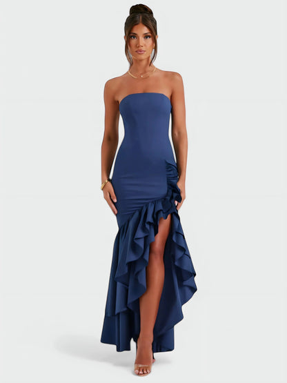 Strapless ruffle maxi dress, front view in motion
