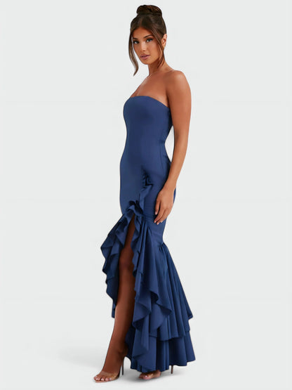 Strapless ruffle maxi dress, close-up of the waist