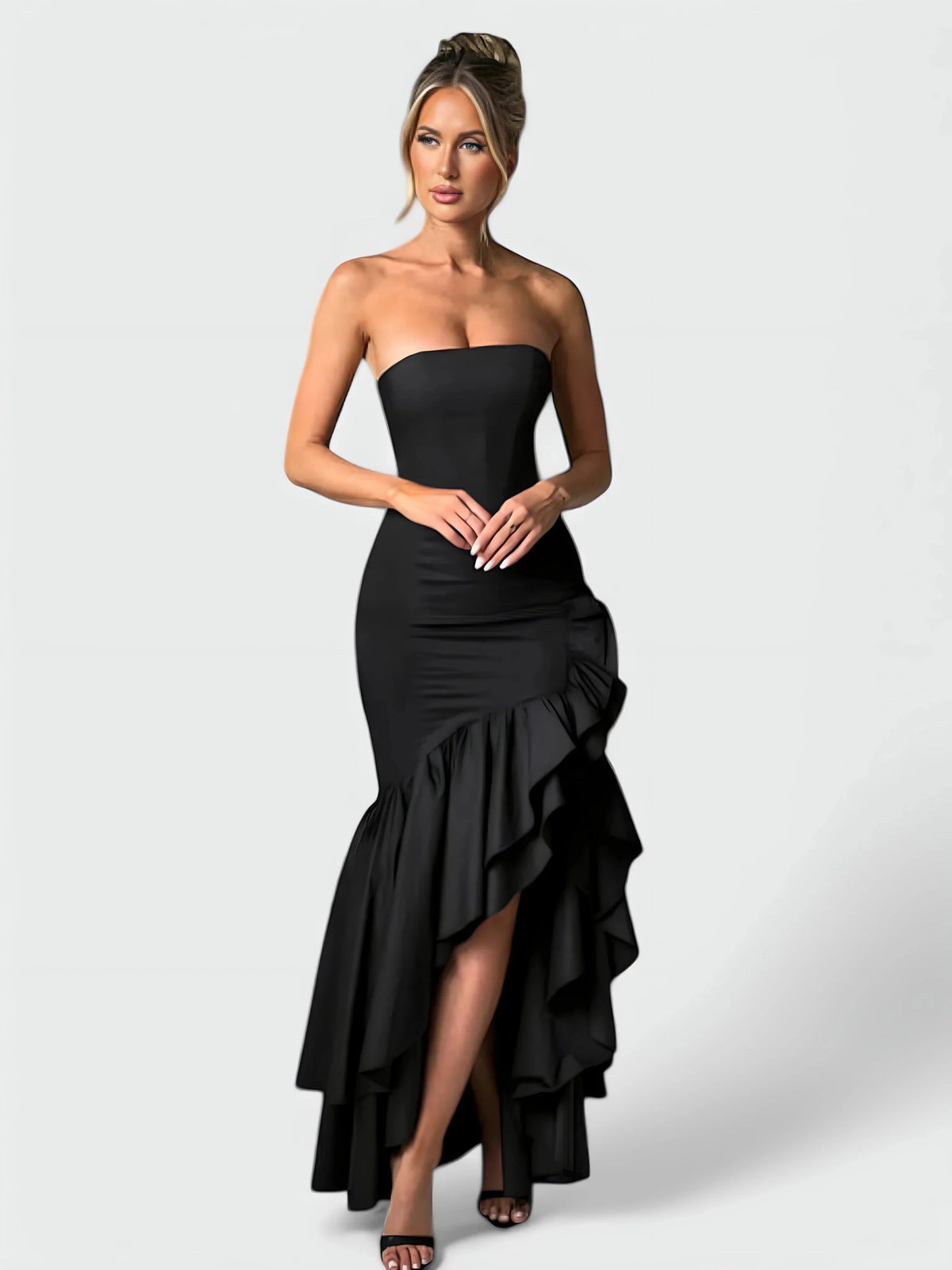 Strapless ruffle maxi dress, alternate side view