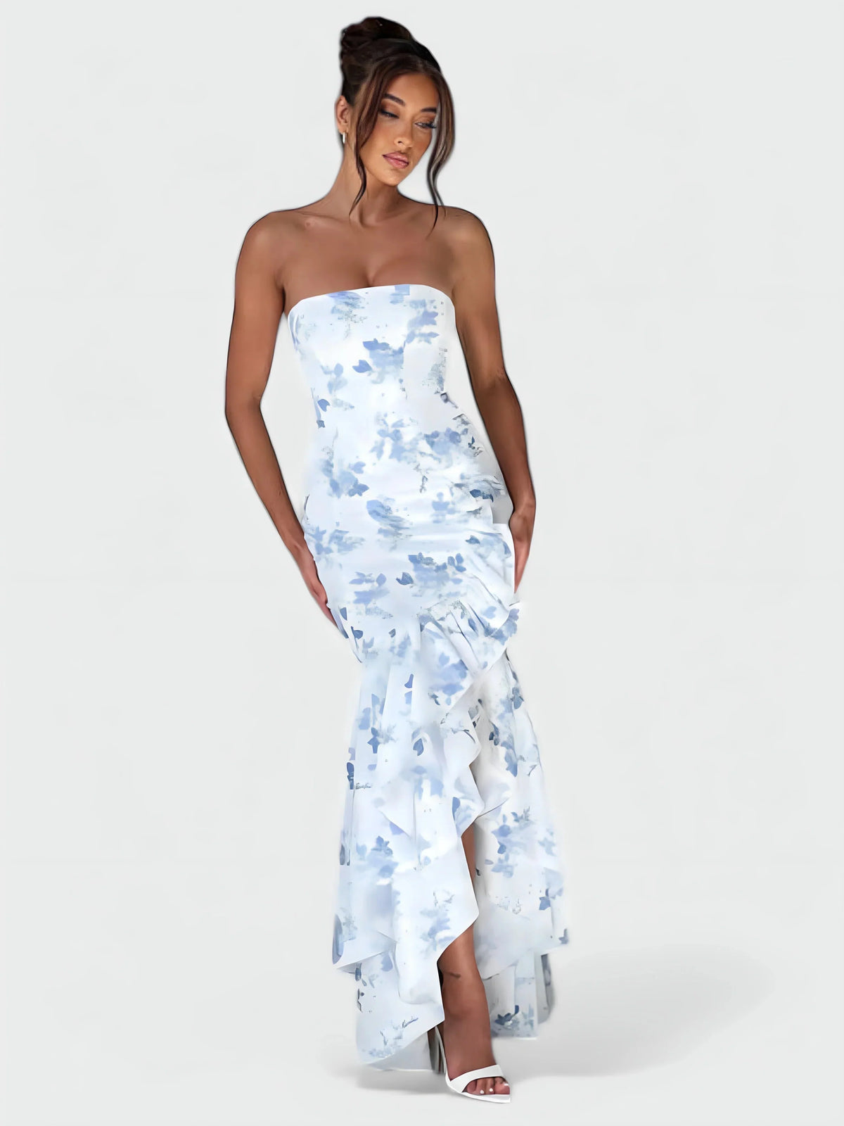 Strapless ruffle maxi dress, back view