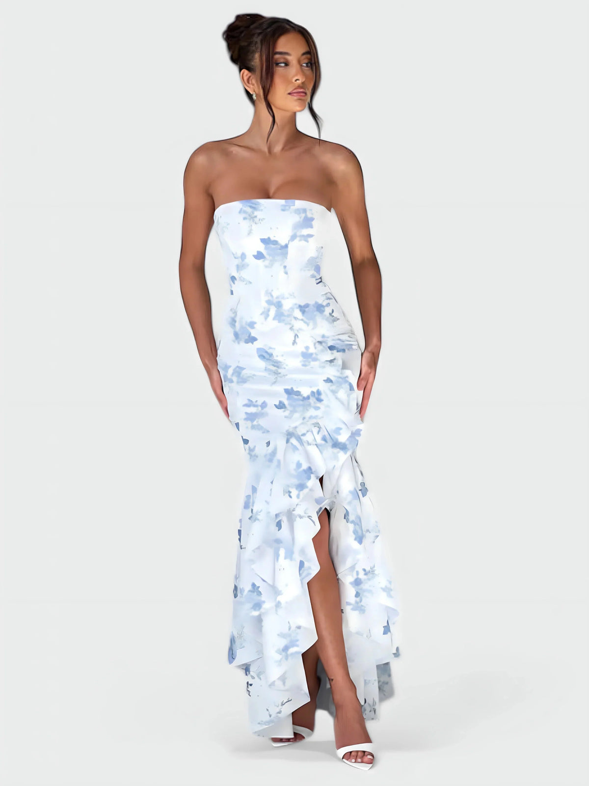 Strapless ruffle maxi dress, full length view
