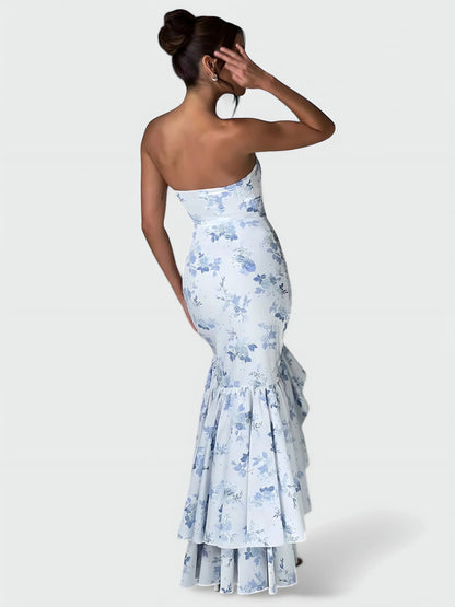Strapless ruffle maxi dress, close-up of the fabric