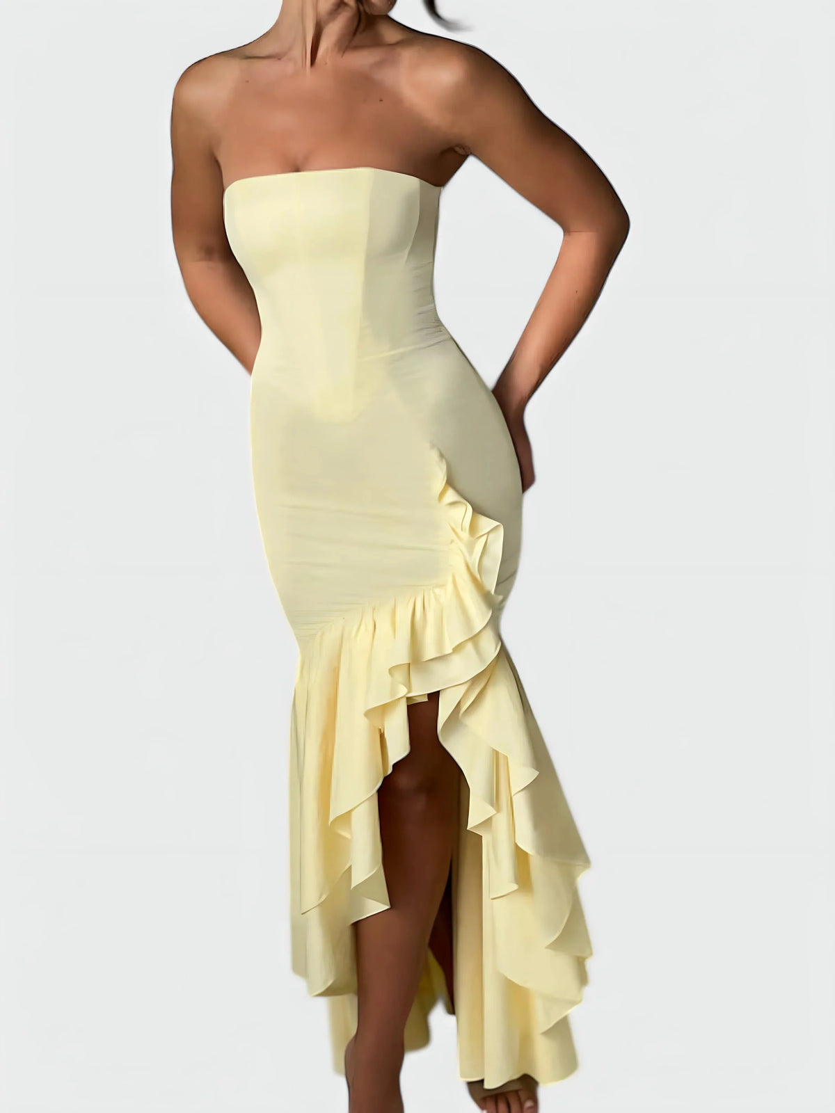 Strapless ruffle maxi dress, close-up of the neckline
