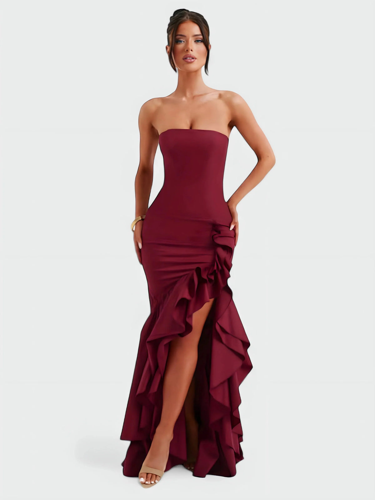 Strapless ruffle maxi dress, angled front view