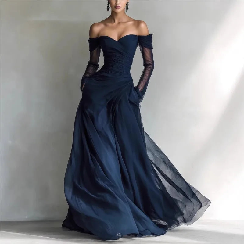 Off-shoulder pleated maxi dress, side view