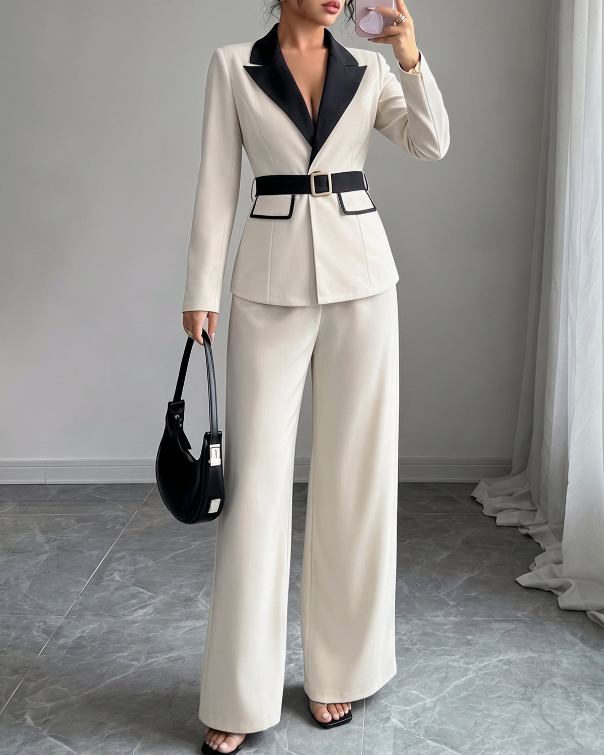 Belted blazer pant suit in apricot