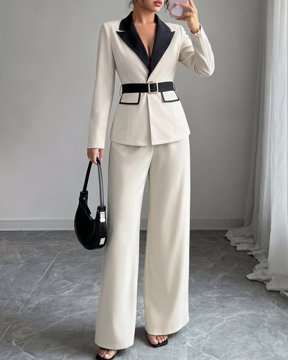 Belted blazer pant suit in apricot