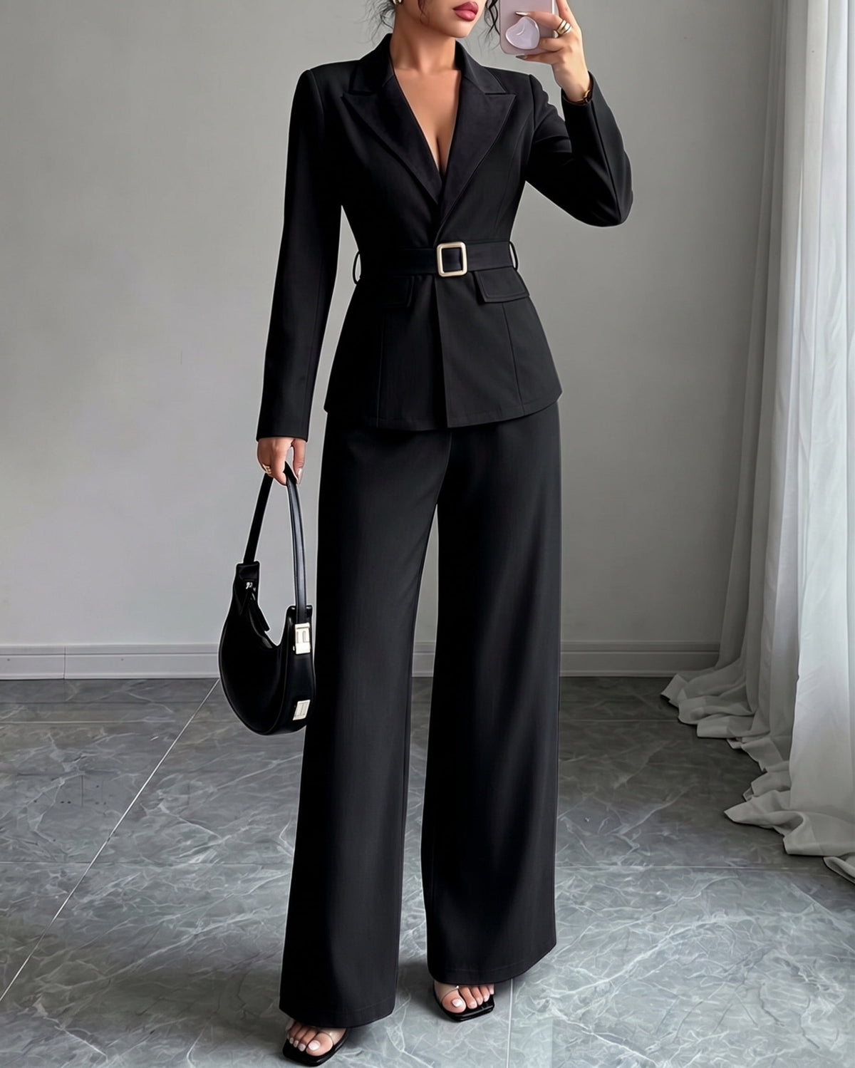Belted blazer pant suit in black