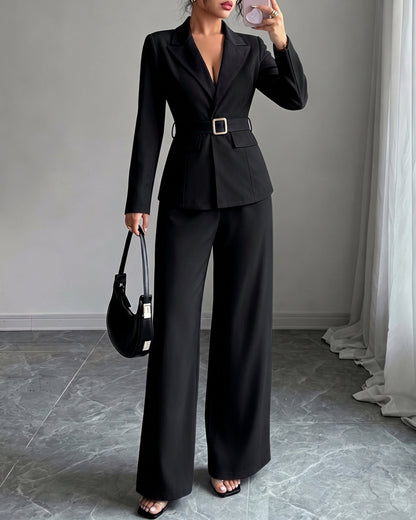 Belted blazer pant suit in black