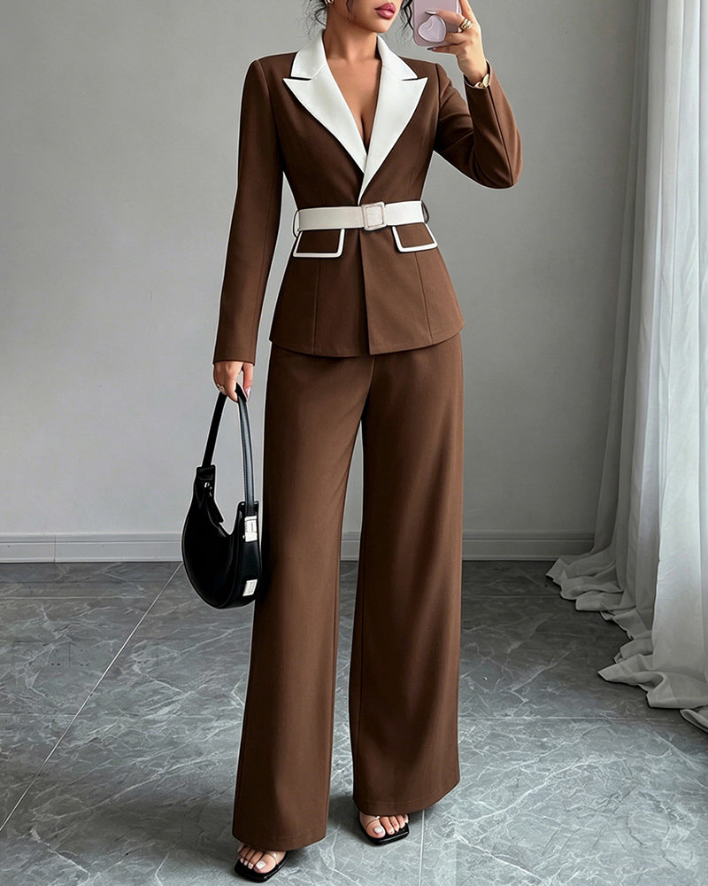Belted blazer pant suit in coffee