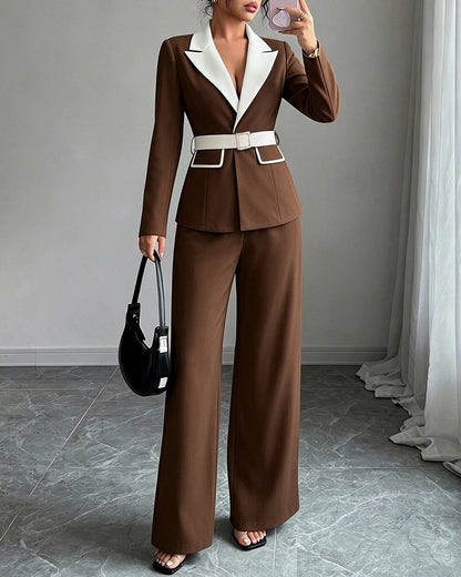 Belted blazer pant suit in coffee