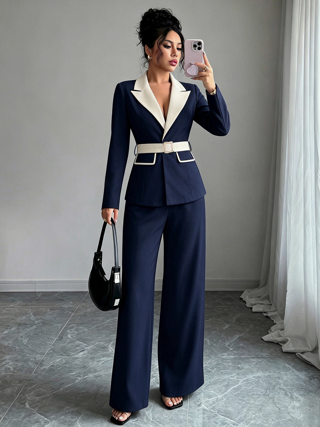 Belted blazer pant suit in navy blue