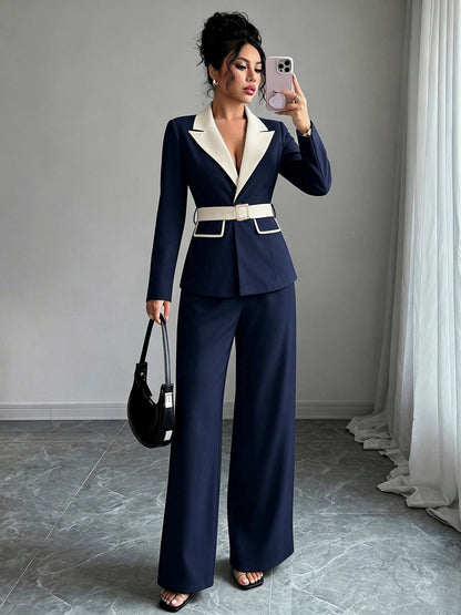 Belted blazer pant suit in navy blue