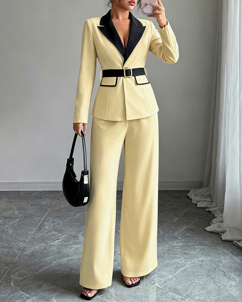 Belted blazer pant suit in yellow