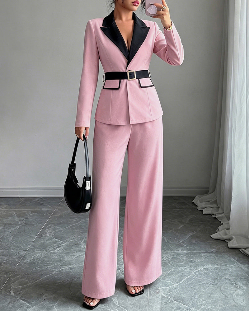 Belted blazer pant suit in pink