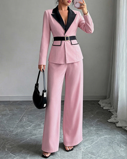 Belted blazer pant suit in pink