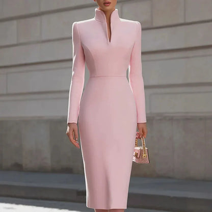 Persephone long sleeve sheath dress in pink, front view