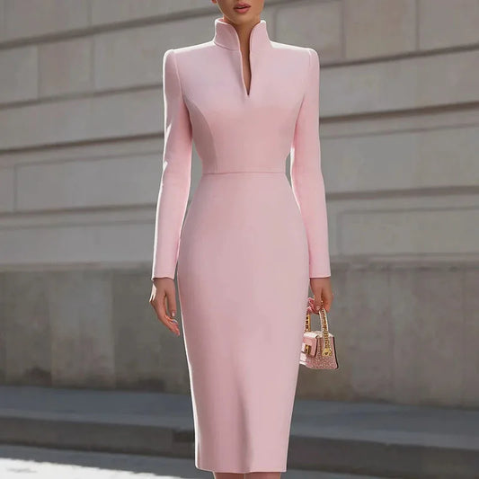 Persephone long sleeve sheath dress in pink, front view