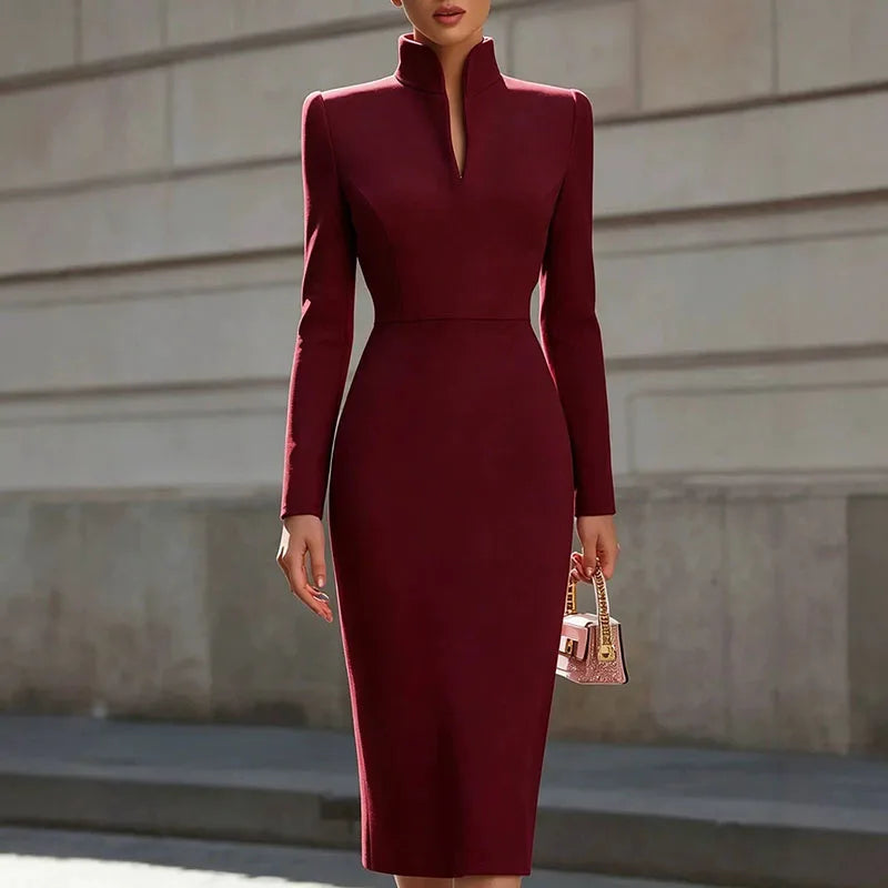 Long sleeve sheath dress in wine red