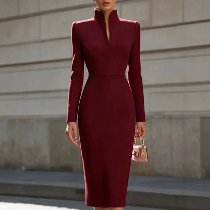 Long sleeve sheath dress in wine red