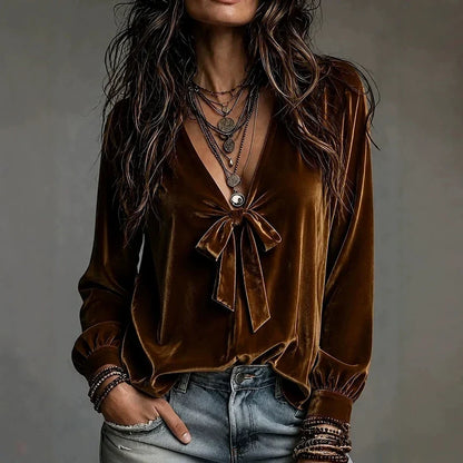 Bow tie neck blouse in brown