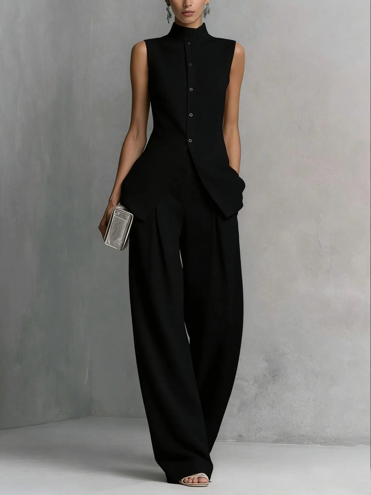 Roberta high neck wide-leg jumpsuit in black, front view