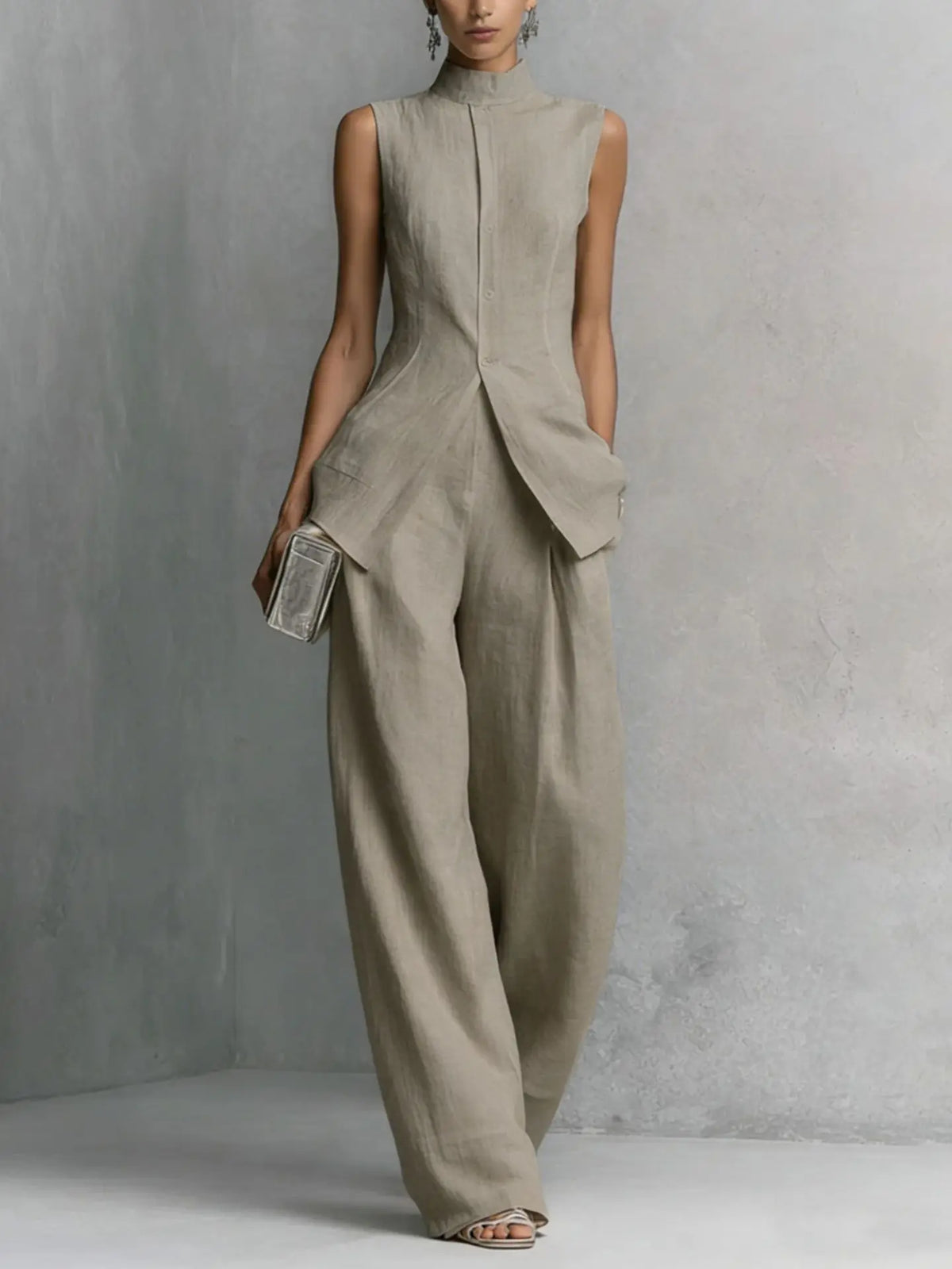 High neck wide-leg jumpsuit in khaki
