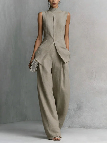 High neck wide-leg jumpsuit in khaki