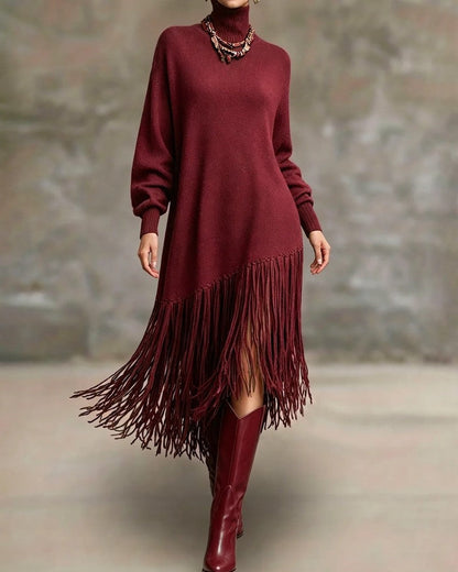Women's Stina fringe hem maxi sweater dress in Burgundy