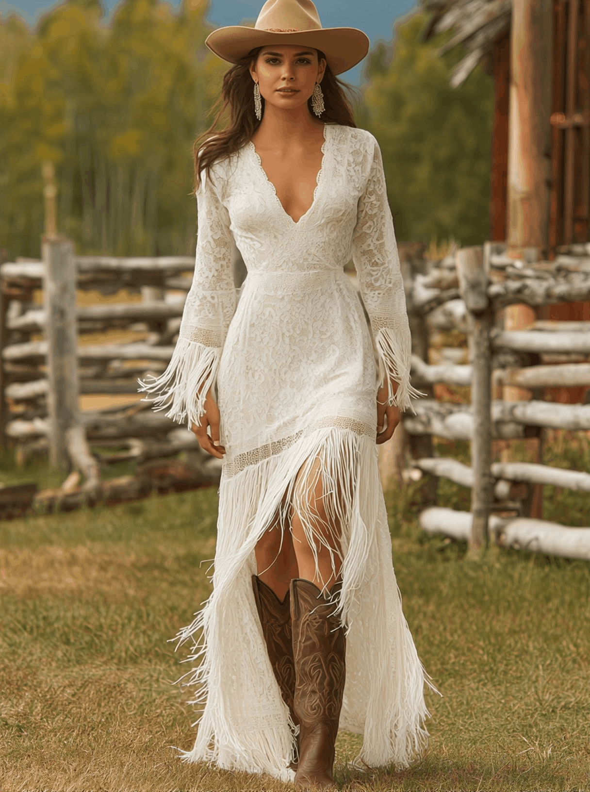 Fringe hem maxi dress, side view