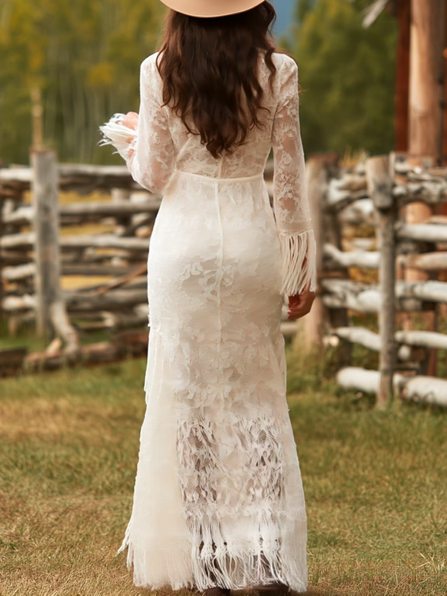 Fringe hem maxi dress, close-up of the fabric