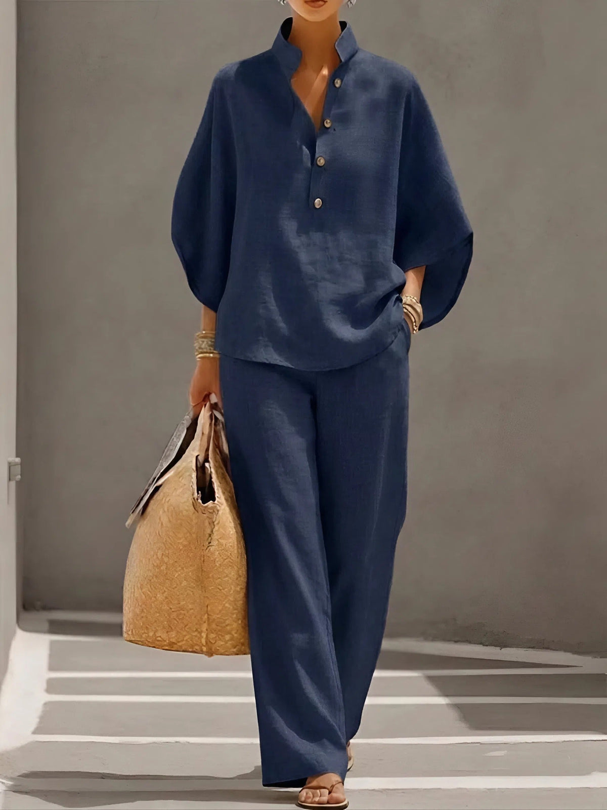 Tabitha | Mandarin Collar Top and Wide-Leg Pant Set