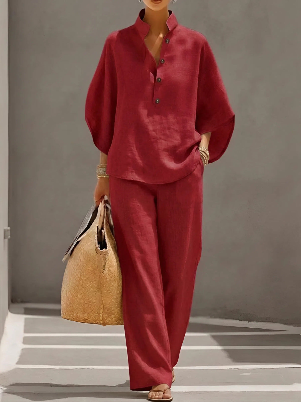 Tabitha | Mandarin Collar Top and Wide-Leg Pant Set